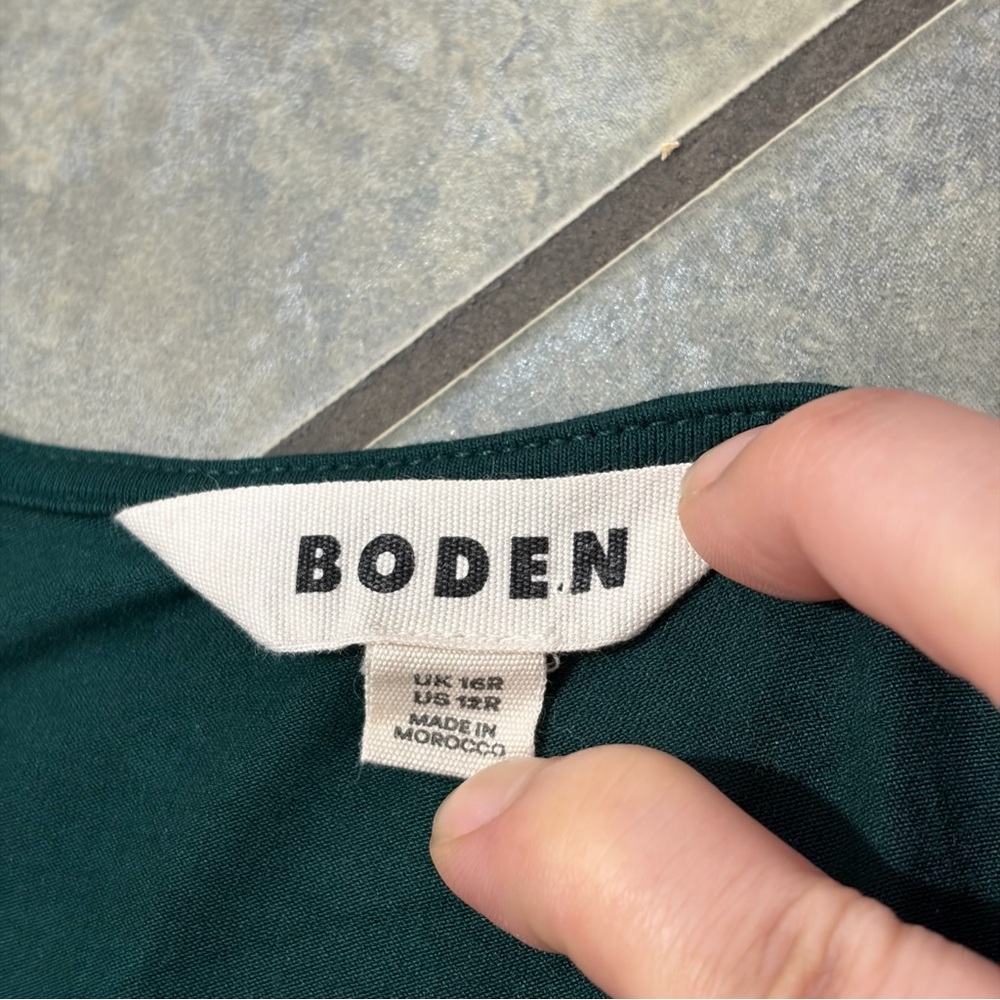 Boden Dark Green Belted Waist Short Sleeve Knot Detail Jersey Mini Dress Sz 12R - Picture 8 of 11
